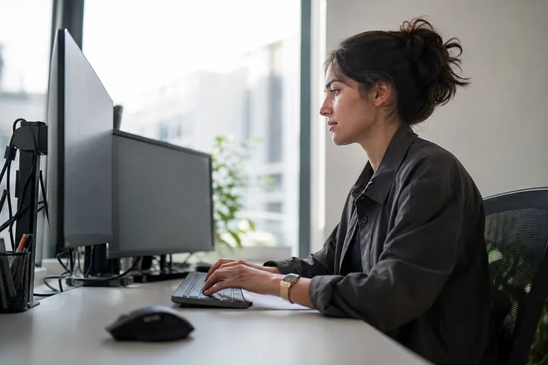 Software engineer working through a code task at her desk